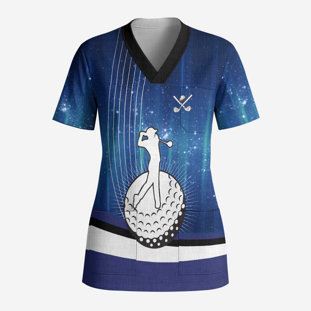 Custom Galaxy Golf Scrub Top with Golfer Silhouette, Golf Ball Design - Wonder Print Shop