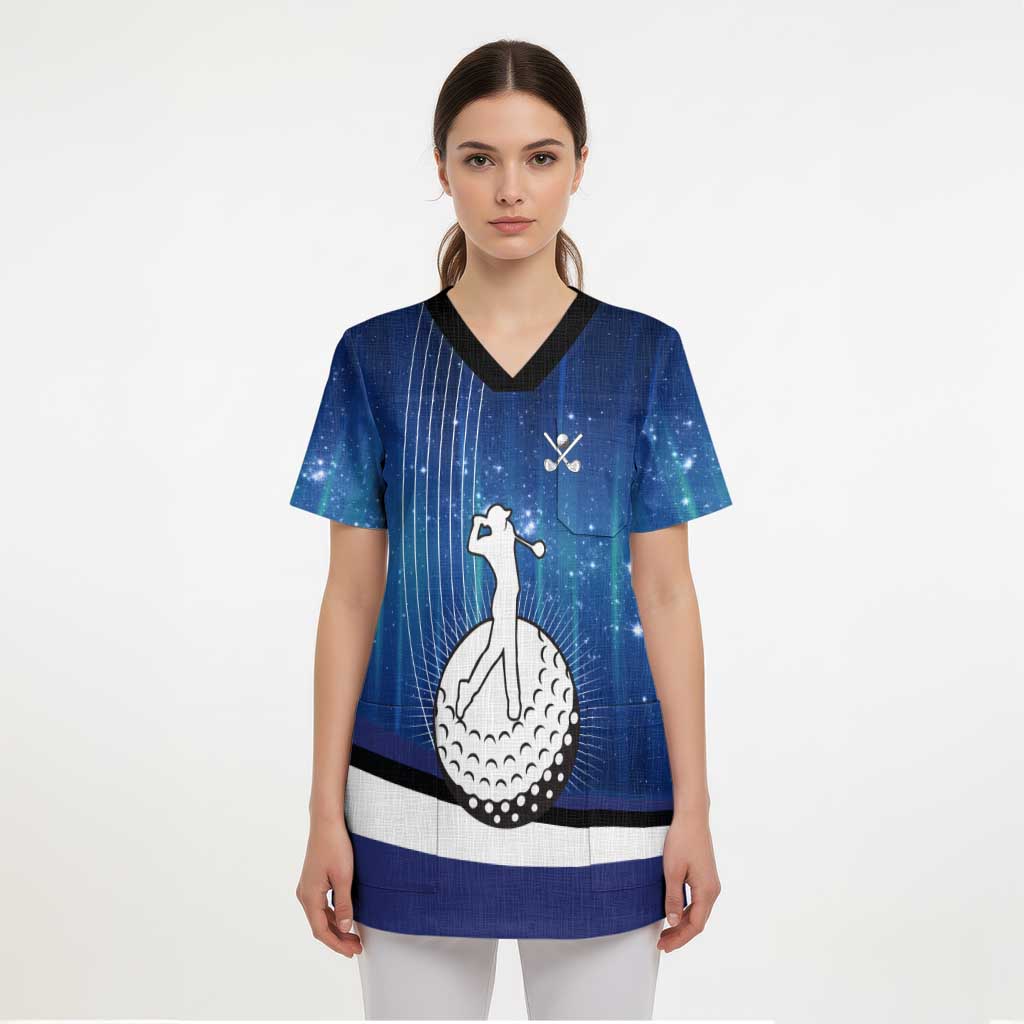 Custom Galaxy Golf Scrub Top with Golfer Silhouette, Golf Ball Design - Wonder Print Shop