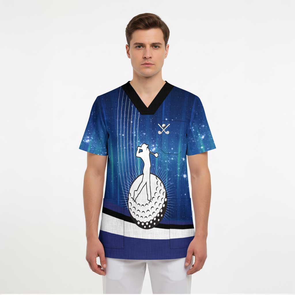 Custom Galaxy Golf Scrub Top with Golfer Silhouette, Golf Ball Design - Wonder Print Shop