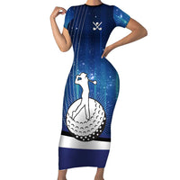 Custom Galaxy Golf Short Sleeve Bodycon Dress with Golfer Silhouette, Golf Ball Design - Wonder Print Shop