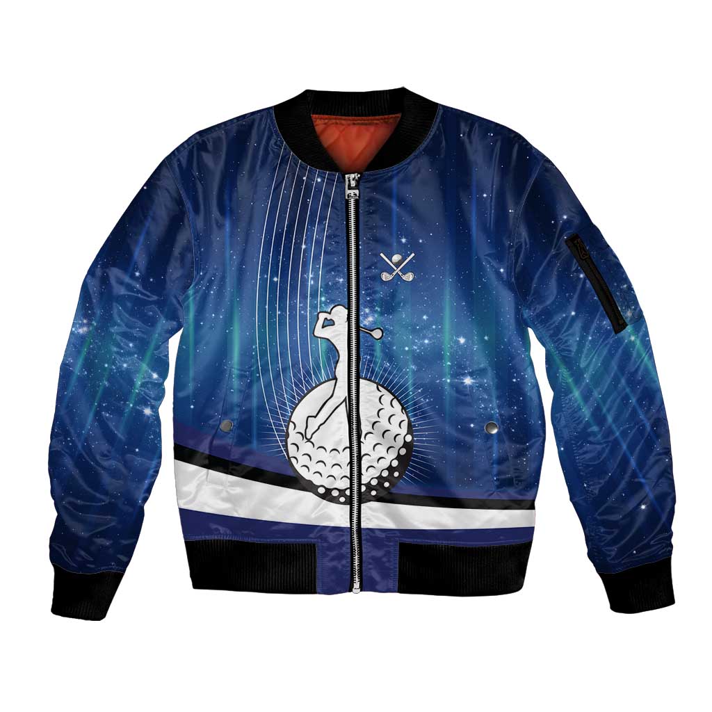 Custom Galaxy Golf Sleeve Zip Bomber Jacket with Golfer Silhouette, Golf Ball Design - Wonder Print Shop