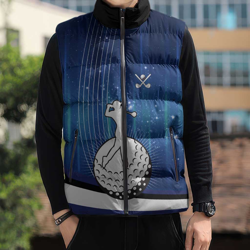 Custom Galaxy Golf Sleeveless Puffer Jacket with Golfer Silhouette, Golf Ball Design - Wonder Print Shop