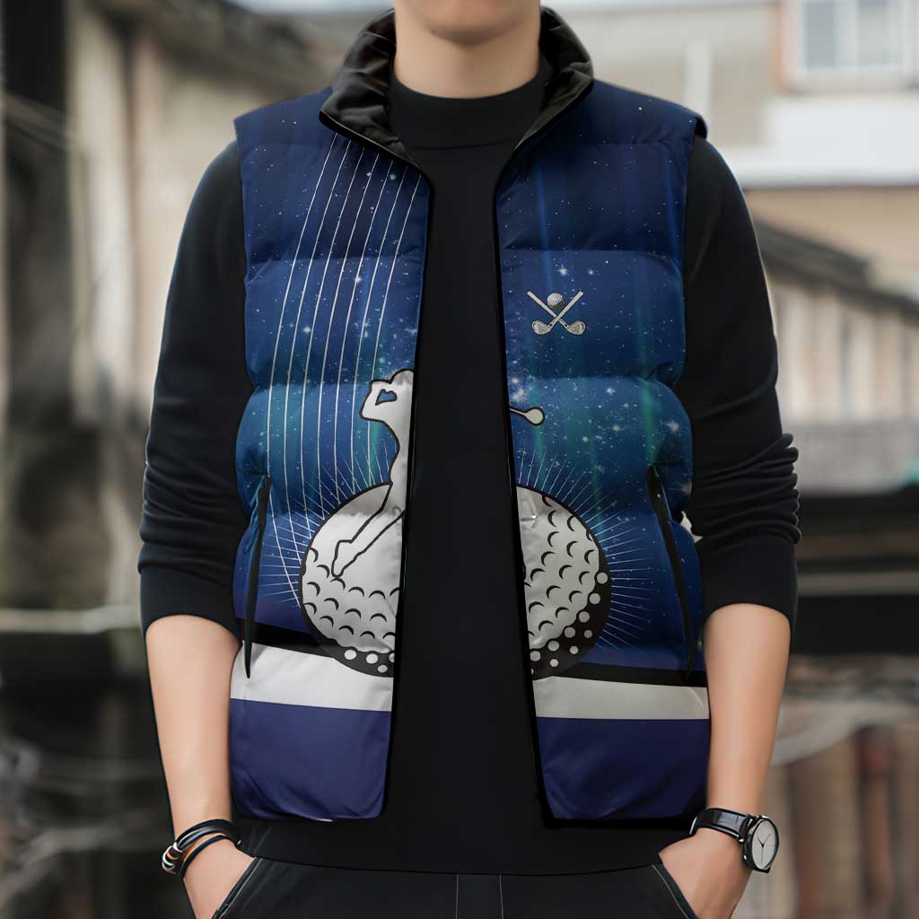 Custom Galaxy Golf Sleeveless Puffer Jacket with Golfer Silhouette, Golf Ball Design - Wonder Print Shop
