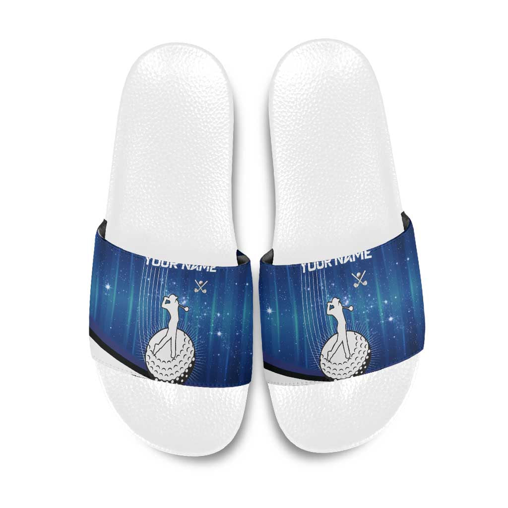 Custom Galaxy Golf Slide Sandals with Golfer Silhouette, Golf Ball Design - Wonder Print Shop