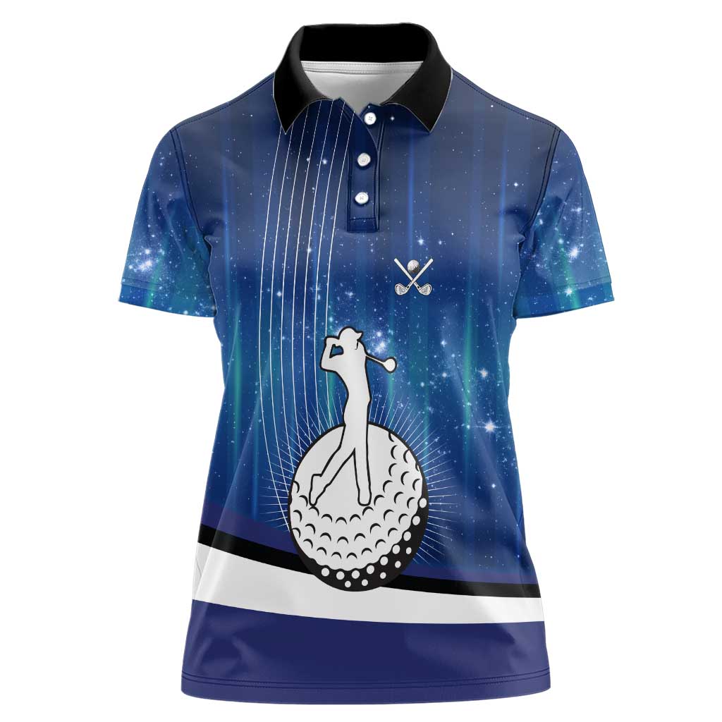 Custom Galaxy Golf Women Polo Shirt with Golfer Silhouette, Golf Ball Design - Wonder Print Shop
