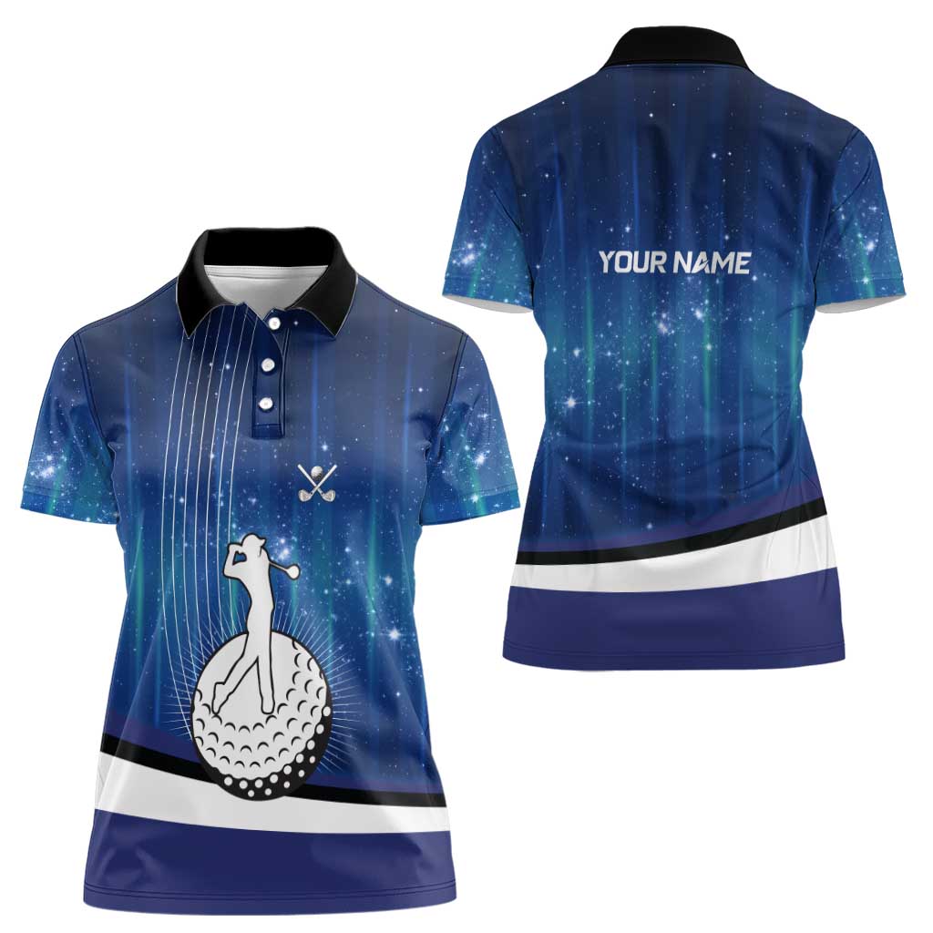 Custom Galaxy Golf Women Polo Shirt with Golfer Silhouette, Golf Ball Design - Wonder Print Shop