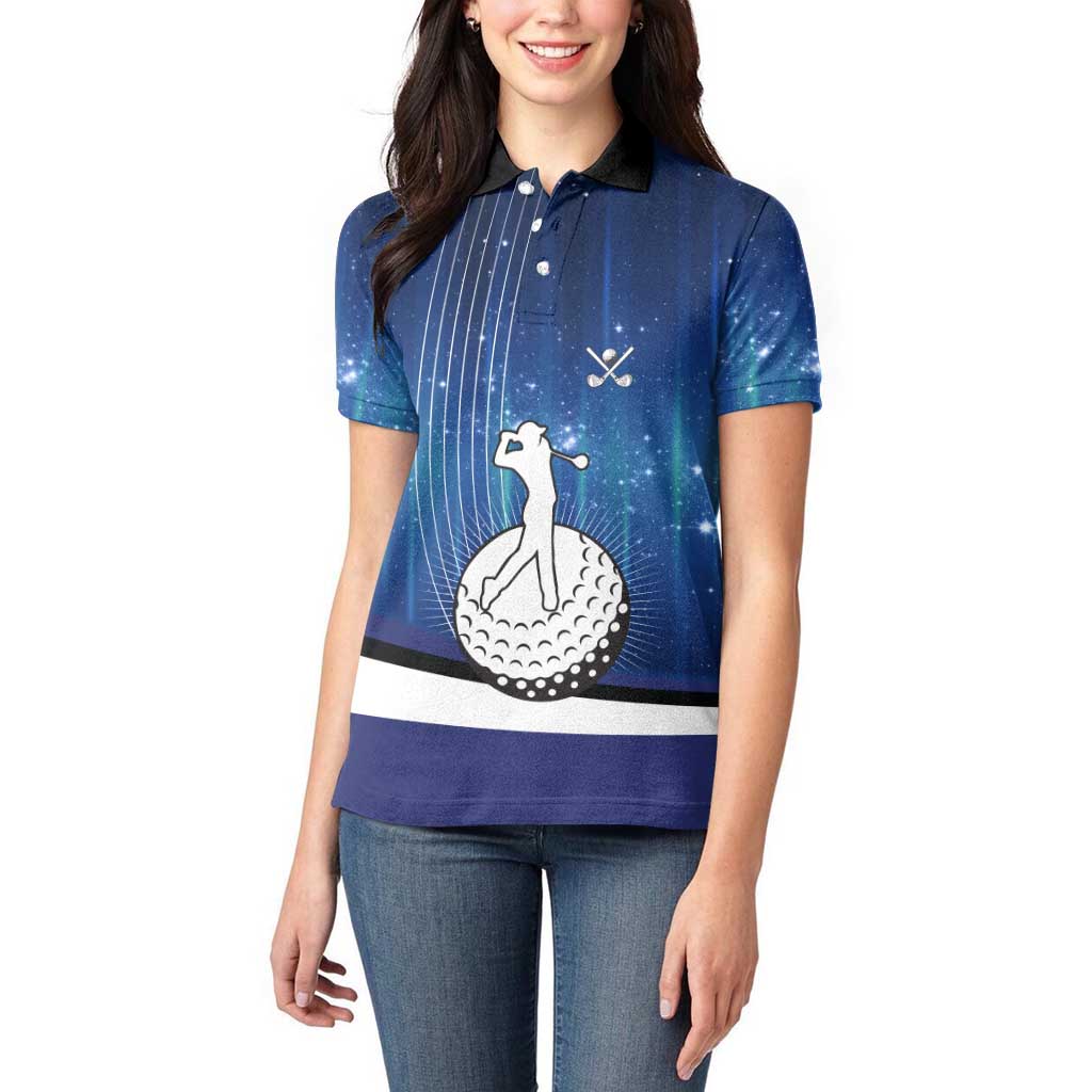 Custom Galaxy Golf Women Polo Shirt with Golfer Silhouette, Golf Ball Design - Wonder Print Shop