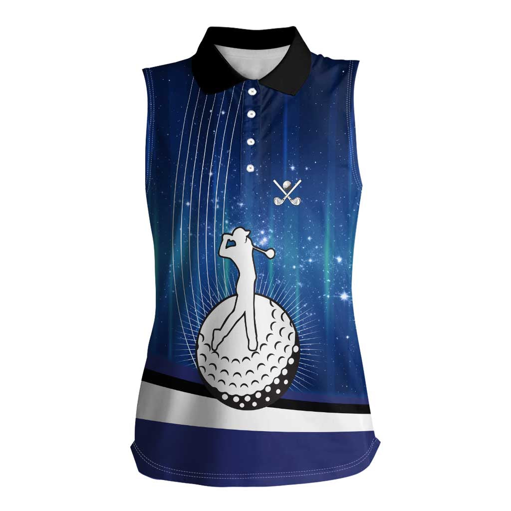 Custom Galaxy Golf Women Sleeveless Polo Shirt with Golfer Silhouette, Golf Ball Design - Wonder Print Shop