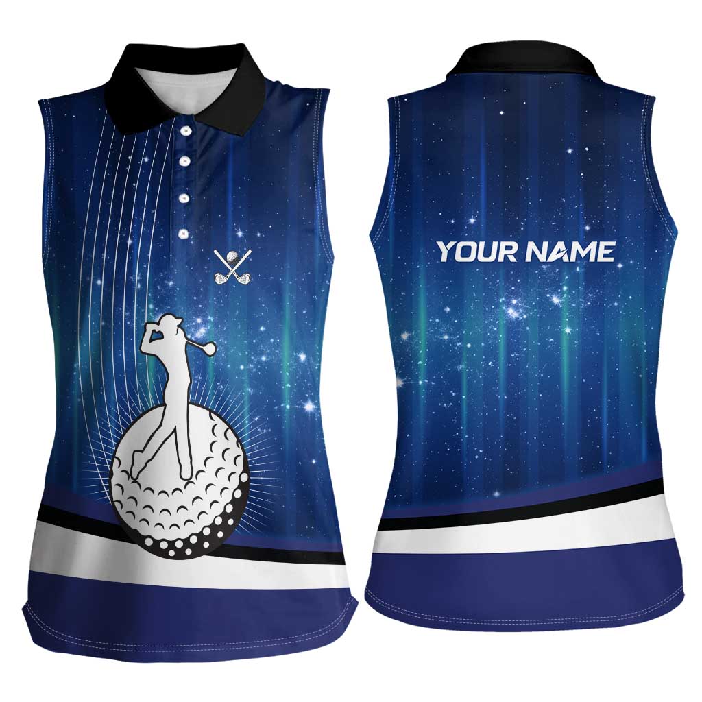 Custom Galaxy Golf Women Sleeveless Polo Shirt with Golfer Silhouette, Golf Ball Design - Wonder Print Shop