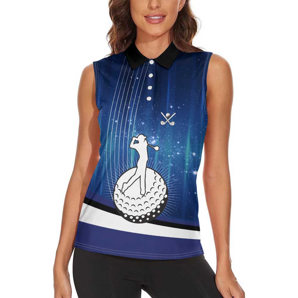 Custom Galaxy Golf Women Sleeveless Polo Shirt with Golfer Silhouette, Golf Ball Design - Wonder Print Shop