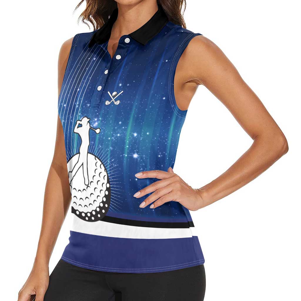 Custom Galaxy Golf Women Sleeveless Polo Shirt with Golfer Silhouette, Golf Ball Design - Wonder Print Shop