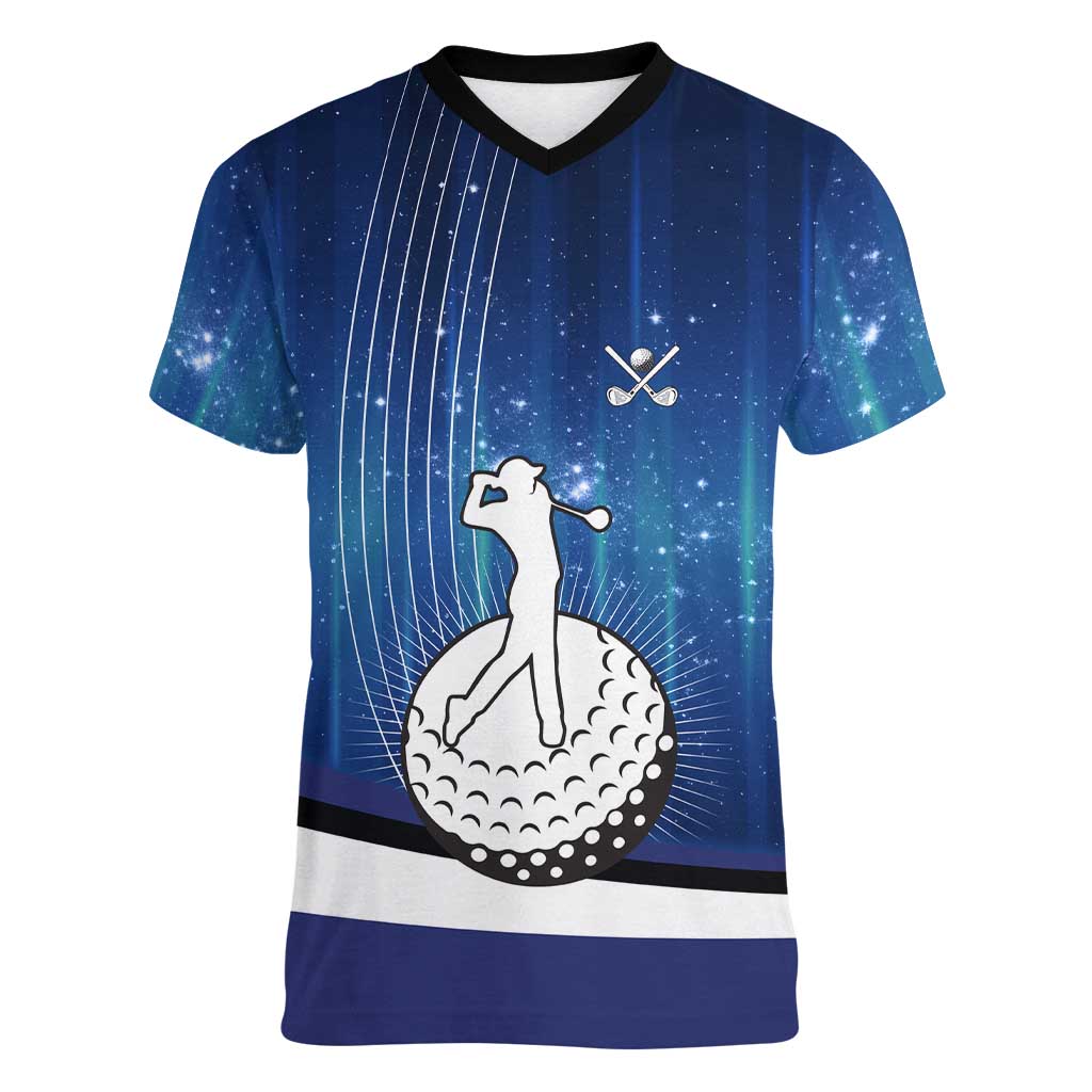 Custom Galaxy Golf Women V-Neck T-Shirt with Golfer Silhouette, Golf Ball Design - Wonder Print Shop