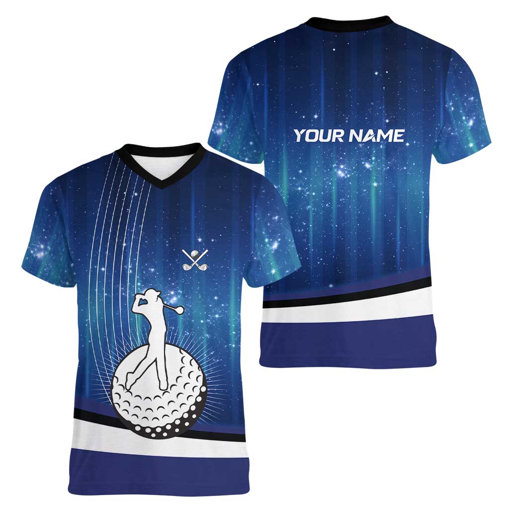 Custom Galaxy Golf Women V-Neck T-Shirt with Golfer Silhouette, Golf Ball Design - Wonder Print Shop