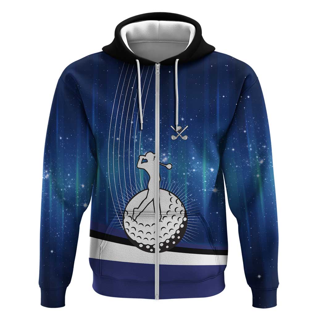 Custom Galaxy Golf Zip Hoodie with Golfer Silhouette, Golf Ball Design - Wonder Print Shop