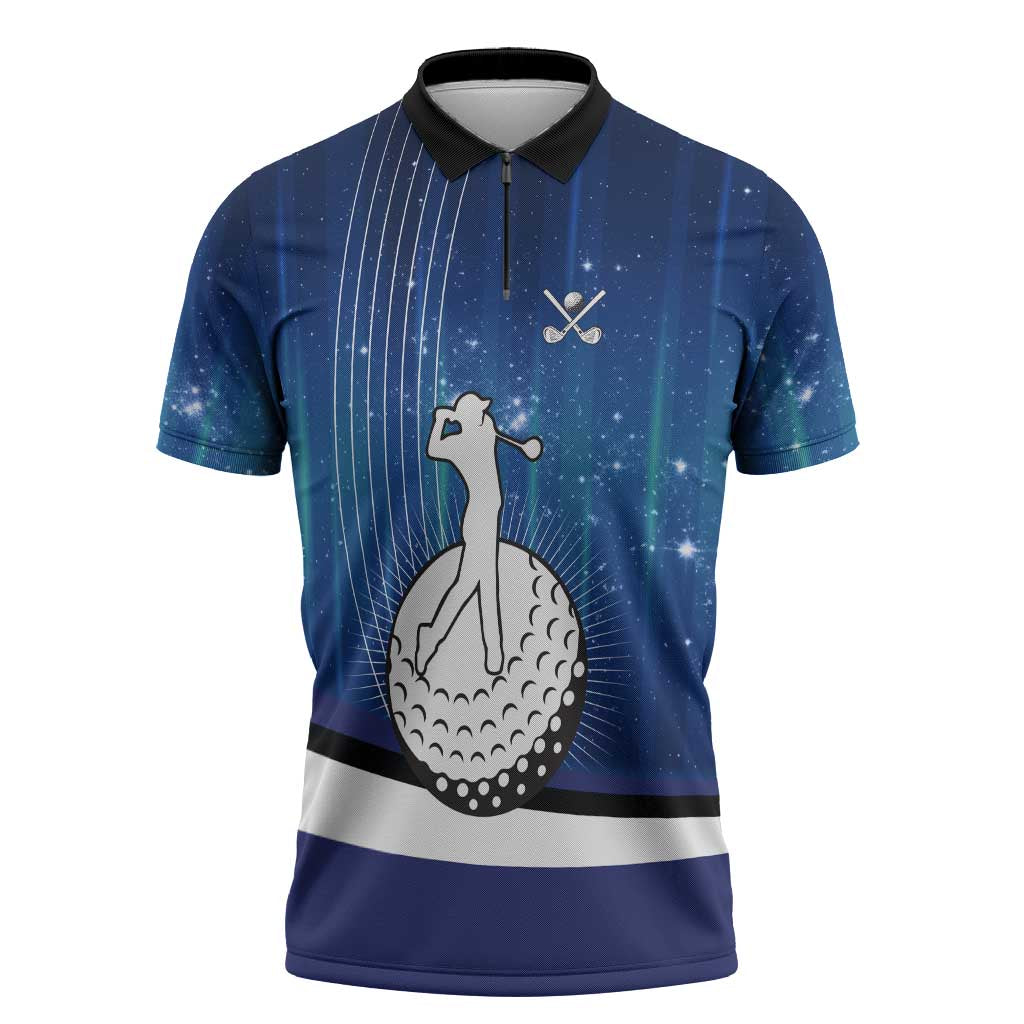Custom Galaxy Golf Zipper Polo Shirt with Golfer Silhouette, Golf Ball Design - Wonder Print Shop
