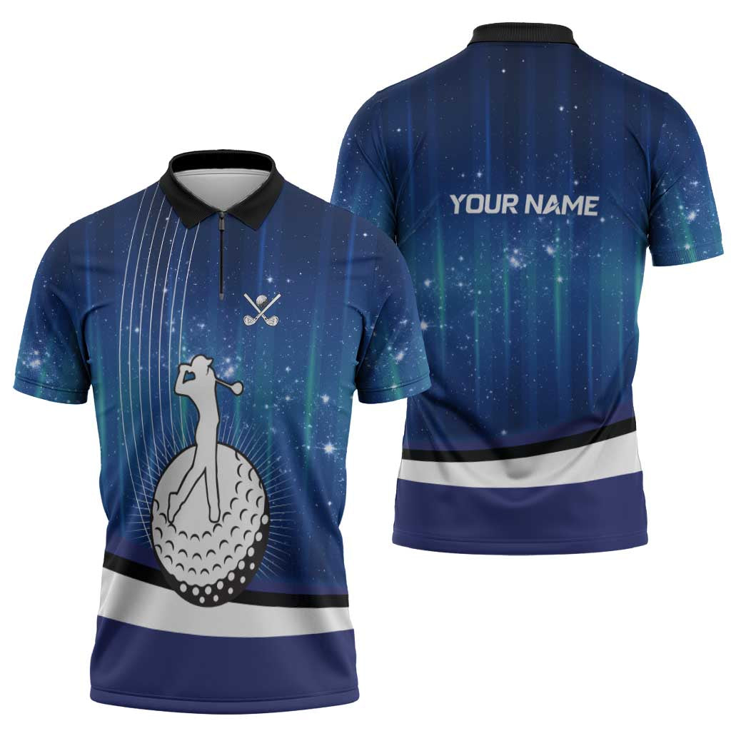 Custom Galaxy Golf Zipper Polo Shirt with Golfer Silhouette, Golf Ball Design - Wonder Print Shop