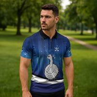 Custom Galaxy Golf Zipper Polo Shirt with Golfer Silhouette, Golf Ball Design - Wonder Print Shop