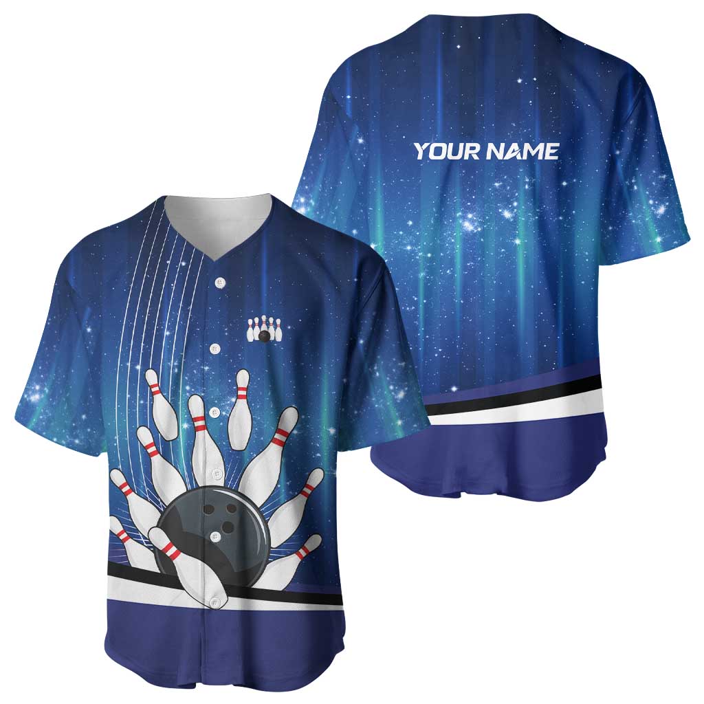 Custom Galaxy Bowling Baseball Jersey with Striking Pins and Ball Design - Wonder Print Shop