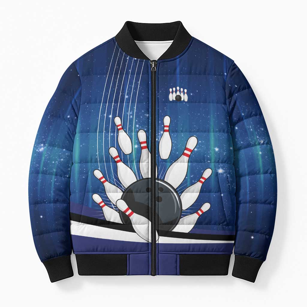 Custom Galaxy Bowling Bomber Puffer Jacket with Striking Pins and Ball Design - Wonder Print Shop