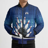 Custom Galaxy Bowling Bomber Puffer Jacket with Striking Pins and Ball Design - Wonder Print Shop