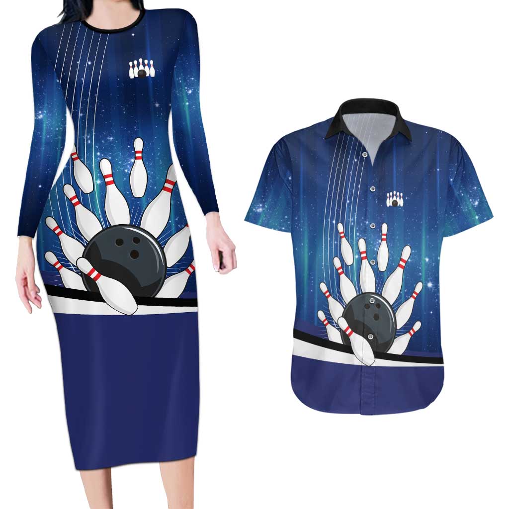 Custom Galaxy Bowling Couples Matching Long Sleeve Bodycon Dress and Hawaiian Shirt with Striking Pins and Ball Design - Wonder Print Shop