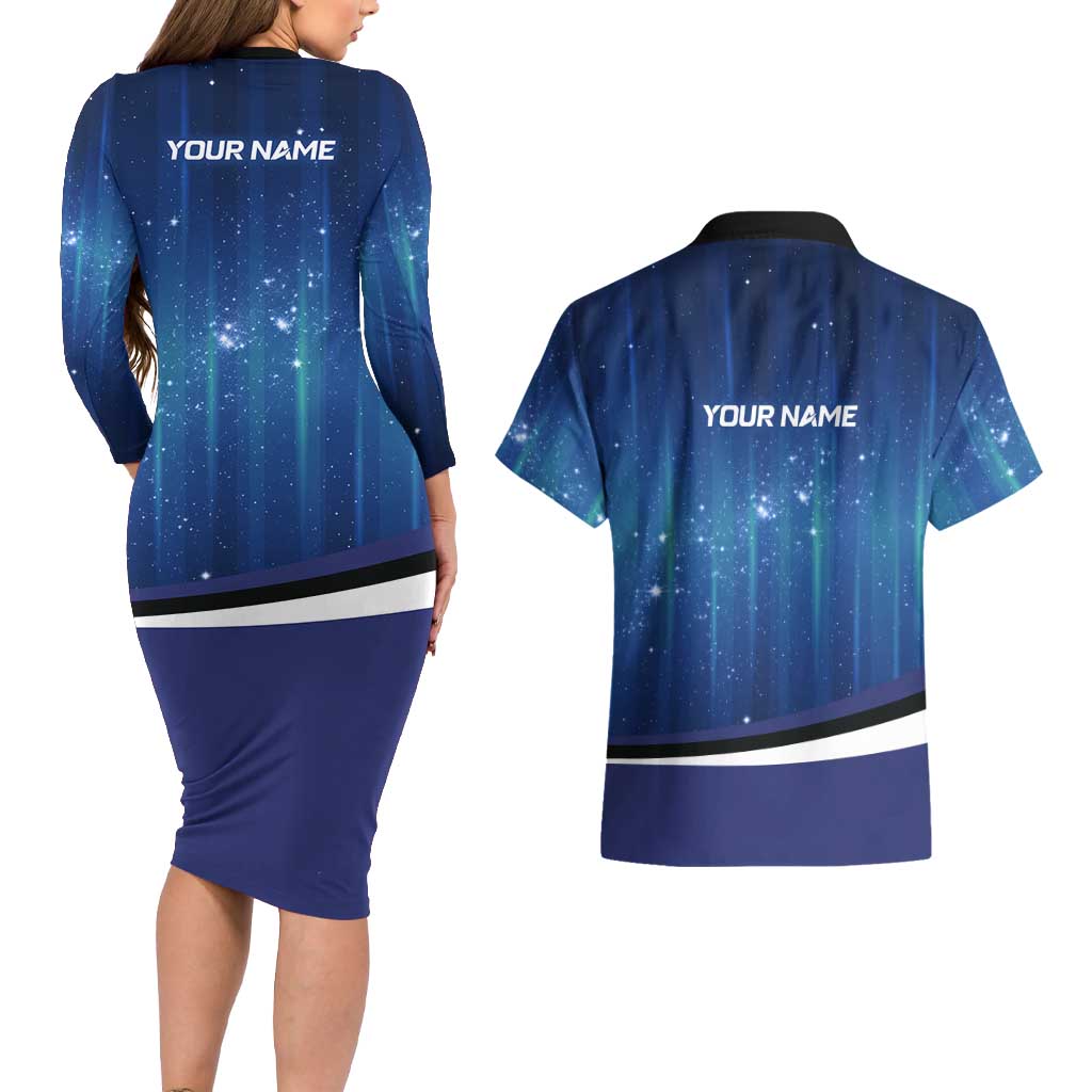 Custom Galaxy Bowling Couples Matching Long Sleeve Bodycon Dress and Hawaiian Shirt with Striking Pins and Ball Design - Wonder Print Shop