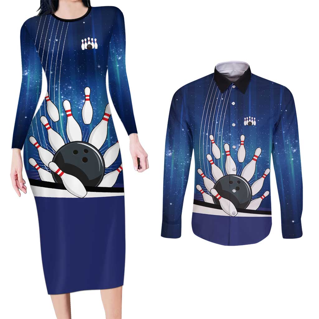 Custom Galaxy Bowling Couples Matching Long Sleeve Bodycon Dress and Long Sleeve Button Shirt with Striking Pins and Ball Design - Wonder Print Shop