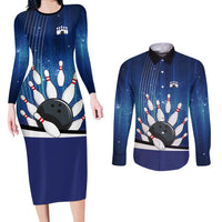 Custom Galaxy Bowling Couples Matching Long Sleeve Bodycon Dress and Long Sleeve Button Shirt with Striking Pins and Ball Design - Wonder Print Shop