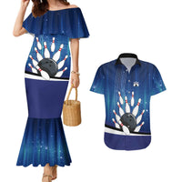 Custom Galaxy Bowling Couples Matching Mermaid Dress and Hawaiian Shirt with Striking Pins and Ball Design - Wonder Print Shop