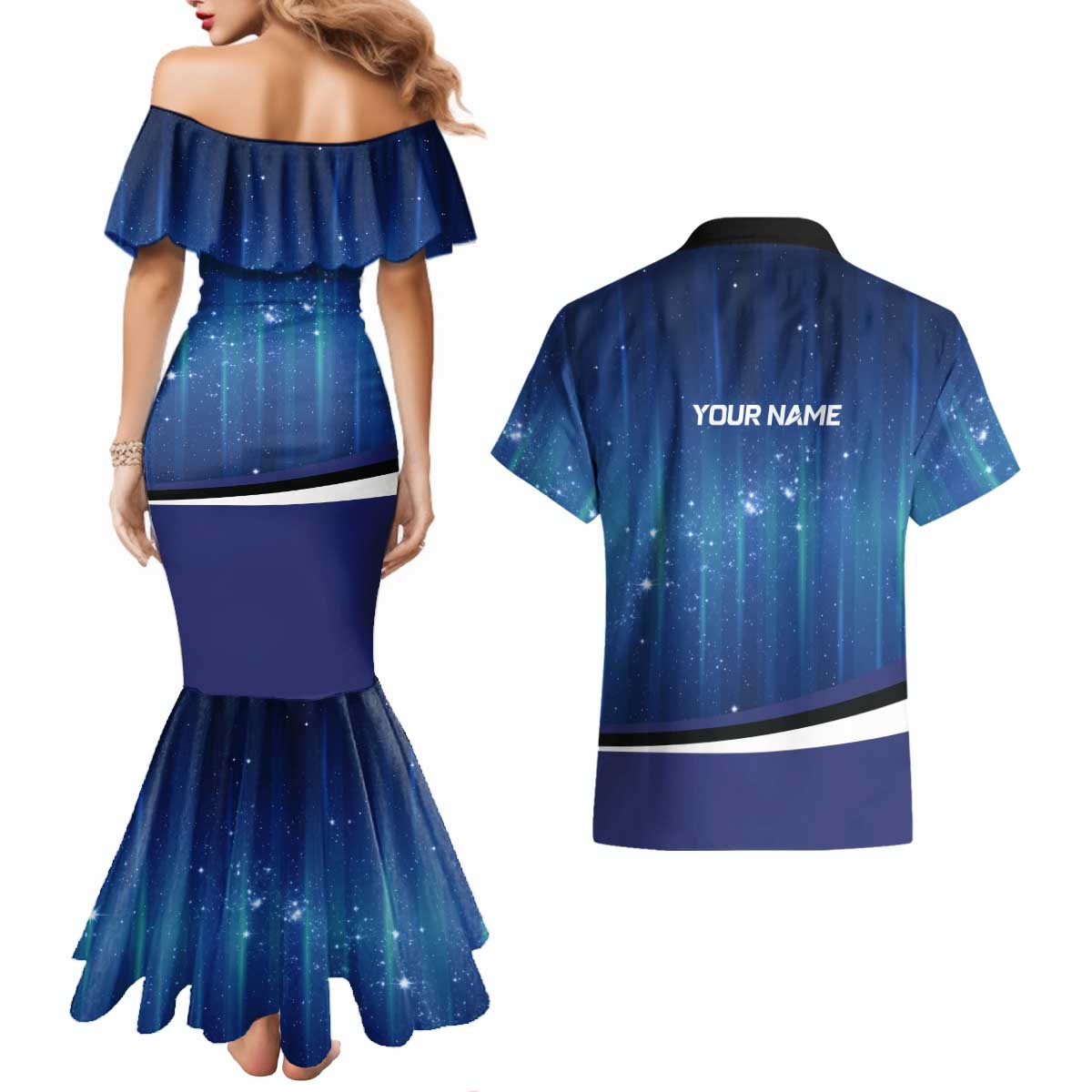 Custom Galaxy Bowling Couples Matching Mermaid Dress and Hawaiian Shirt with Striking Pins and Ball Design - Wonder Print Shop