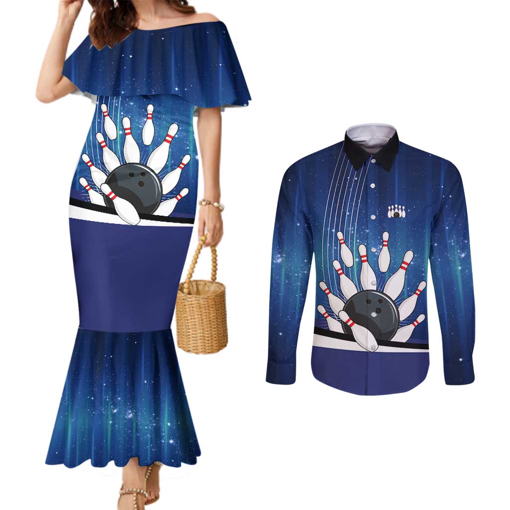 Custom Galaxy Bowling Couples Matching Mermaid Dress and Long Sleeve Button Shirt with Striking Pins and Ball Design - Wonder Print Shop