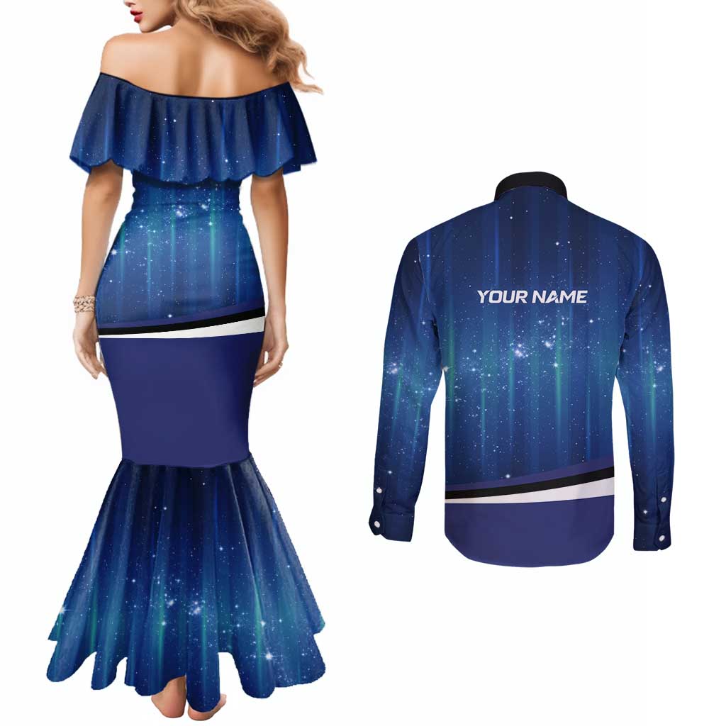 Custom Galaxy Bowling Couples Matching Mermaid Dress and Long Sleeve Button Shirt with Striking Pins and Ball Design - Wonder Print Shop