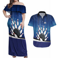 Custom Galaxy Bowling Couples Matching Off Shoulder Maxi Dress and Hawaiian Shirt with Striking Pins and Ball Design - Wonder Print Shop