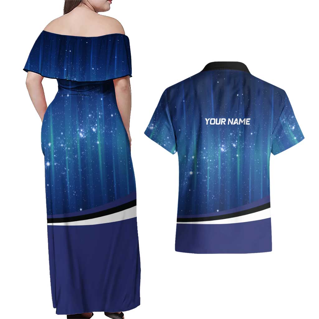 Custom Galaxy Bowling Couples Matching Off Shoulder Maxi Dress and Hawaiian Shirt with Striking Pins and Ball Design - Wonder Print Shop