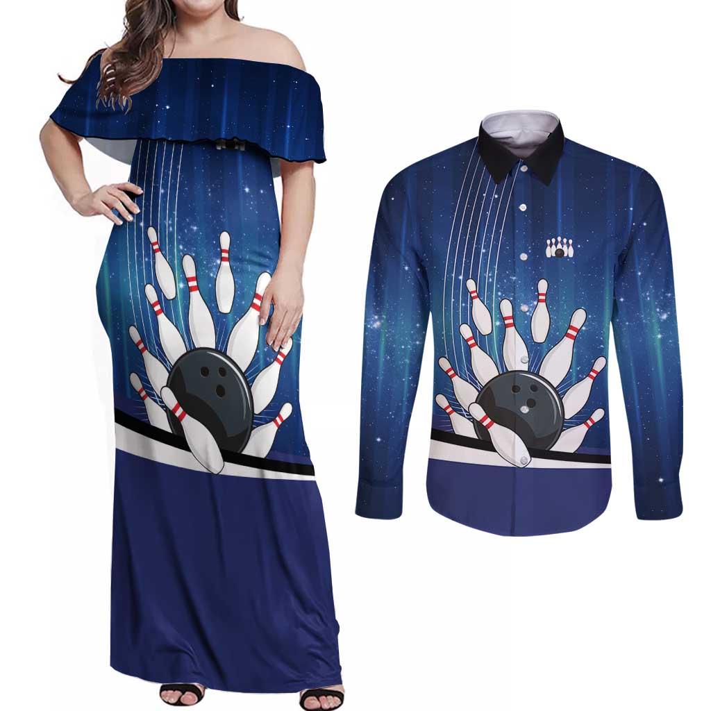 Custom Galaxy Bowling Couples Matching Off Shoulder Maxi Dress and Long Sleeve Button Shirt with Striking Pins and Ball Design - Wonder Print Shop