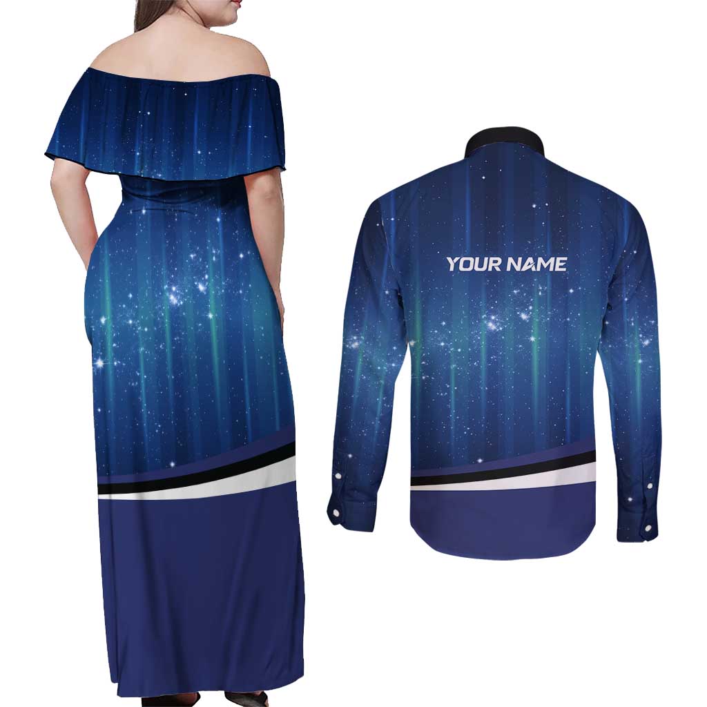 Custom Galaxy Bowling Couples Matching Off Shoulder Maxi Dress and Long Sleeve Button Shirt with Striking Pins and Ball Design - Wonder Print Shop