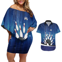 Custom Galaxy Bowling Couples Matching Off Shoulder Short Dress and Hawaiian Shirt with Striking Pins and Ball Design - Wonder Print Shop
