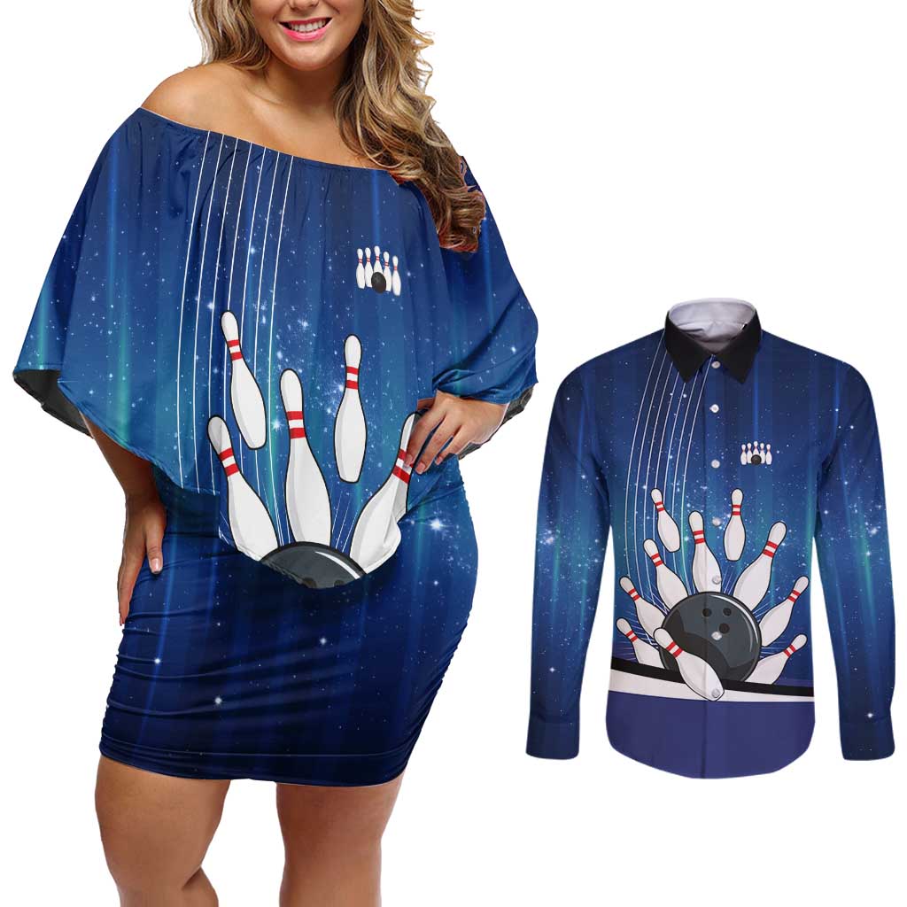 Custom Galaxy Bowling Couples Matching Off Shoulder Short Dress and Long Sleeve Button Shirt with Striking Pins and Ball Design - Wonder Print Shop