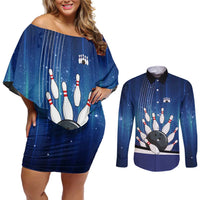 Custom Galaxy Bowling Couples Matching Off Shoulder Short Dress and Long Sleeve Button Shirt with Striking Pins and Ball Design - Wonder Print Shop