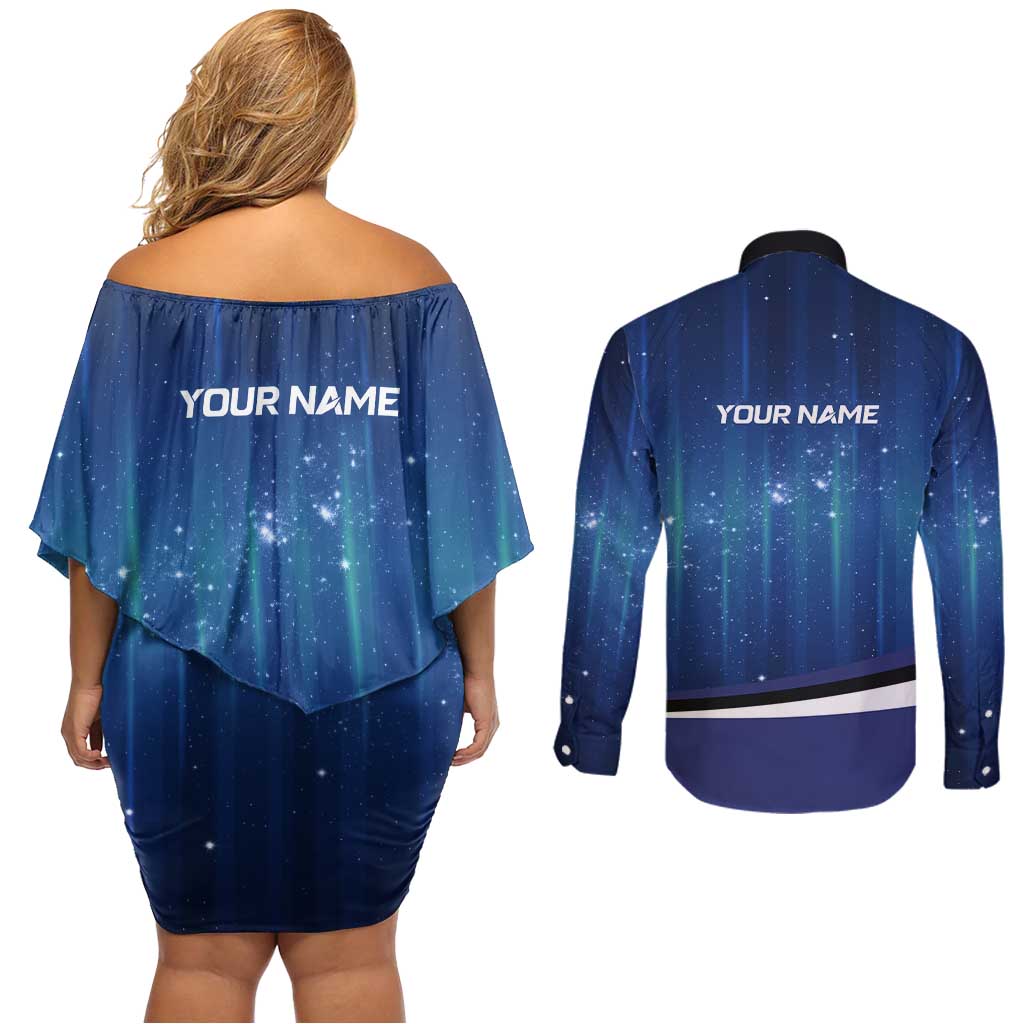 Custom Galaxy Bowling Couples Matching Off Shoulder Short Dress and Long Sleeve Button Shirt with Striking Pins and Ball Design - Wonder Print Shop