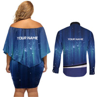 Custom Galaxy Bowling Couples Matching Off Shoulder Short Dress and Long Sleeve Button Shirt with Striking Pins and Ball Design - Wonder Print Shop