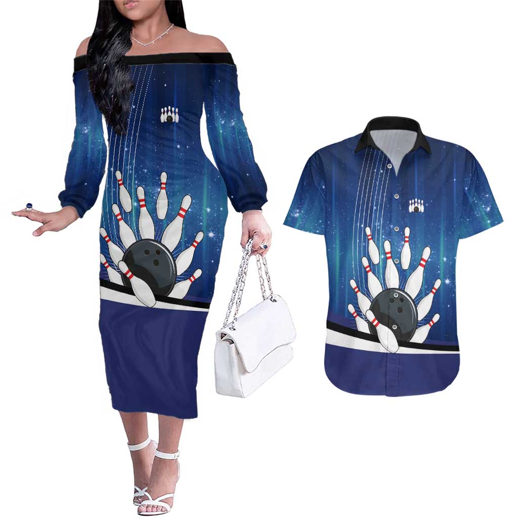 Custom Galaxy Bowling Couples Matching Off The Shoulder Long Sleeve Dress and Hawaiian Shirt with Striking Pins and Ball Design - Wonder Print Shop