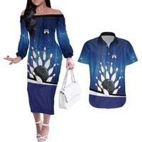 Custom Galaxy Bowling Couples Matching Off The Shoulder Long Sleeve Dress and Hawaiian Shirt with Striking Pins and Ball Design - Wonder Print Shop
