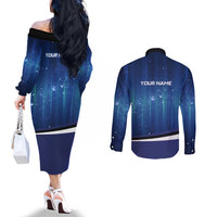 Custom Galaxy Bowling Couples Matching Off The Shoulder Long Sleeve Dress and Long Sleeve Button Shirt with Striking Pins and Ball Design - Wonder Print Shop