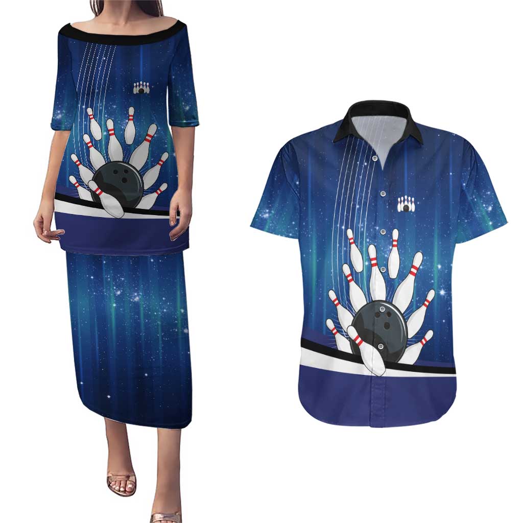 Custom Galaxy Bowling Couples Matching Puletasi and Hawaiian Shirt with Striking Pins and Ball Design - Wonder Print Shop
