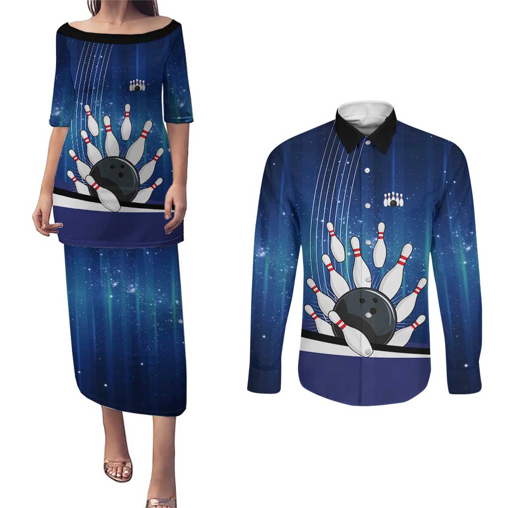 Custom Galaxy Bowling Couples Matching Puletasi and Long Sleeve Button Shirt with Striking Pins and Ball Design - Wonder Print Shop
