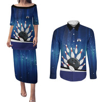 Custom Galaxy Bowling Couples Matching Puletasi and Long Sleeve Button Shirt with Striking Pins and Ball Design - Wonder Print Shop