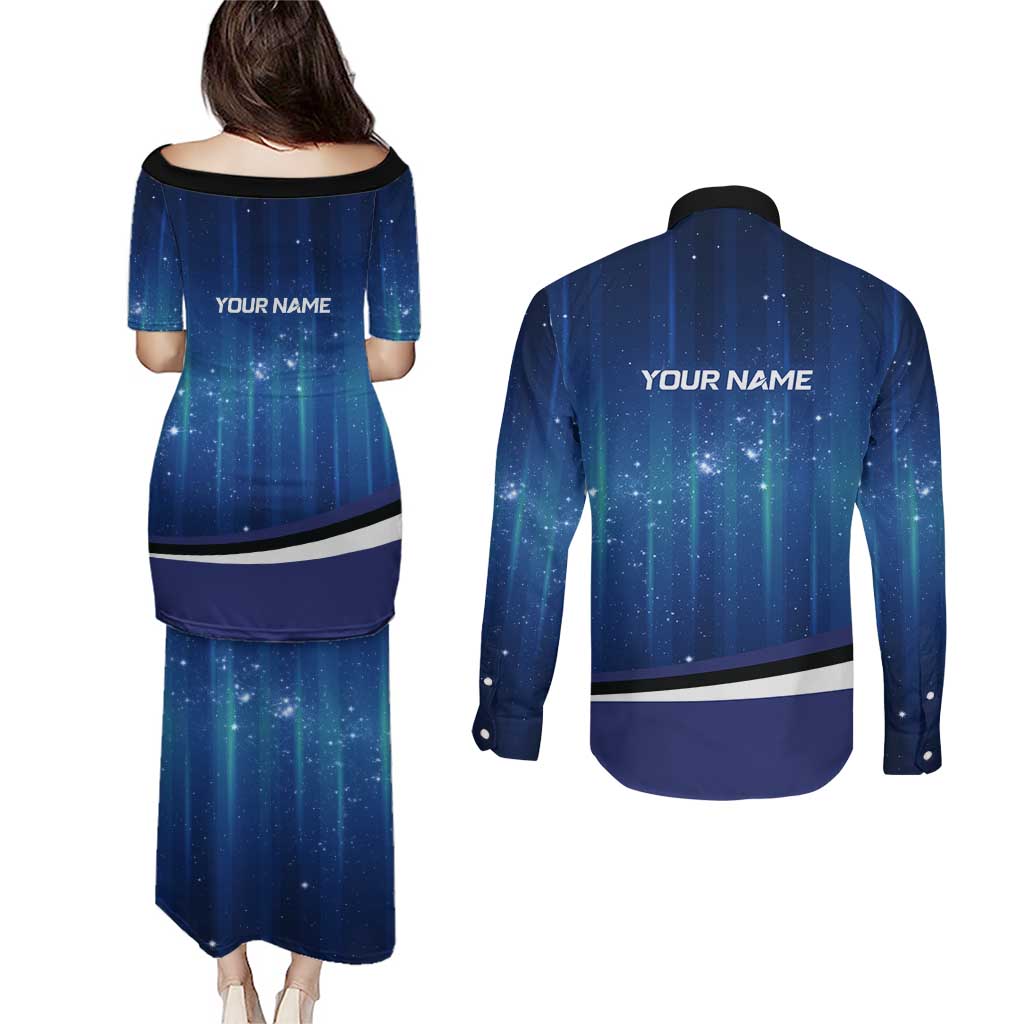Custom Galaxy Bowling Couples Matching Puletasi and Long Sleeve Button Shirt with Striking Pins and Ball Design - Wonder Print Shop