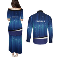Custom Galaxy Bowling Couples Matching Puletasi and Long Sleeve Button Shirt with Striking Pins and Ball Design - Wonder Print Shop