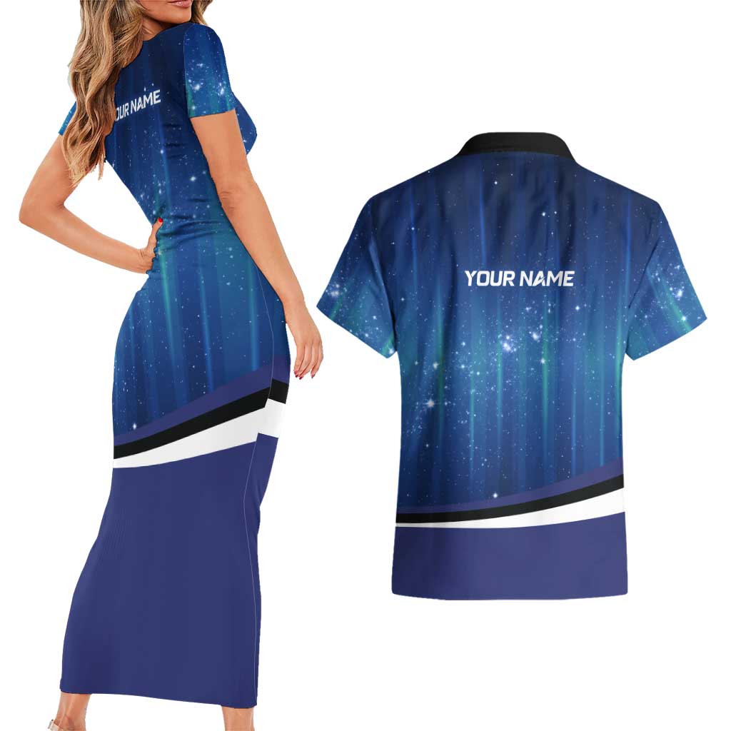 Custom Galaxy Bowling Couples Matching Short Sleeve Bodycon Dress and Hawaiian Shirt with Striking Pins and Ball Design - Wonder Print Shop